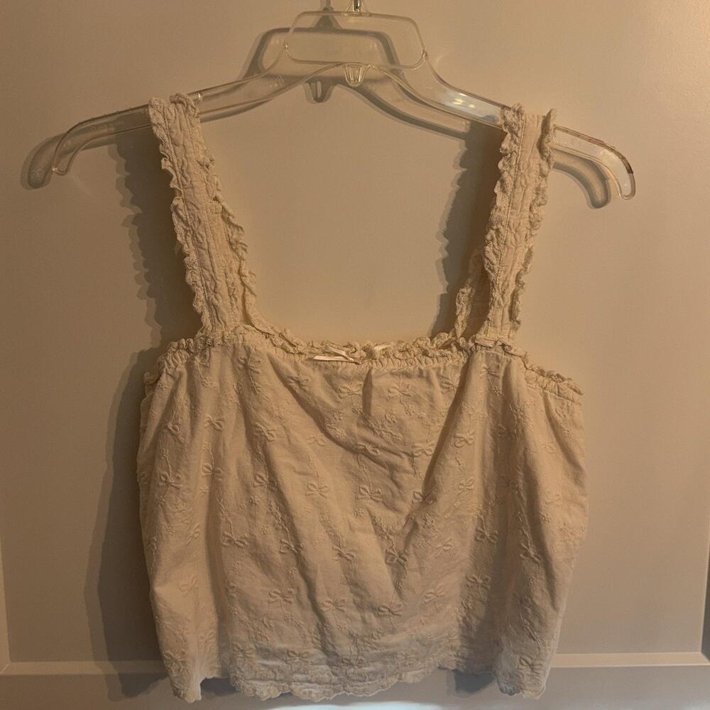 Le Lis Camisole Tank Top Sz L White Embroidered Bow Ruffle Strap Cotton Cottage